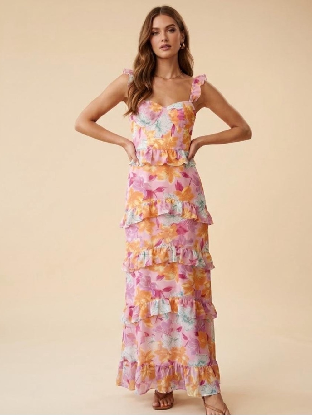 Wayf Floral Ruffle Tiered Chiffon Sleeveless Maxi Dress M